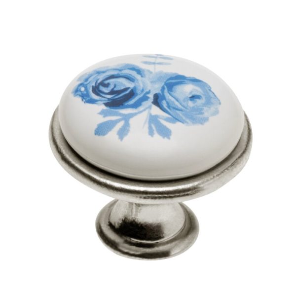 Porcelánový gombík 0728-J4 A-Blue Rose antyque strieborná