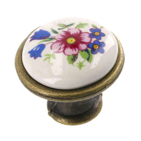 Porcelánový gombík J4 starožitný mosadzný R-ružový kvet