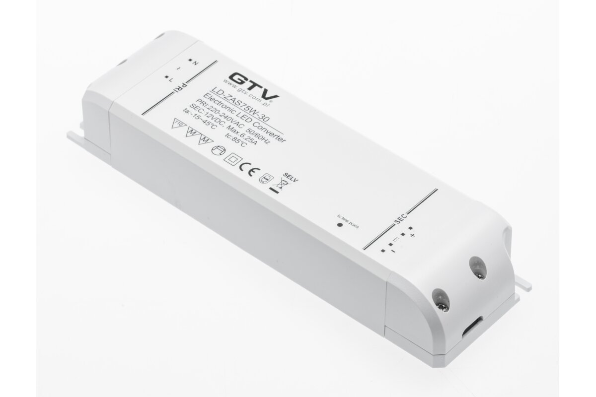 LED transformátor v: 220V-240V~50hz. výstup: 12V dc/75W. IP20