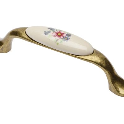 Porcelánová rukoväť 728P C=96mm starožitná mosadz R-ružový kvet